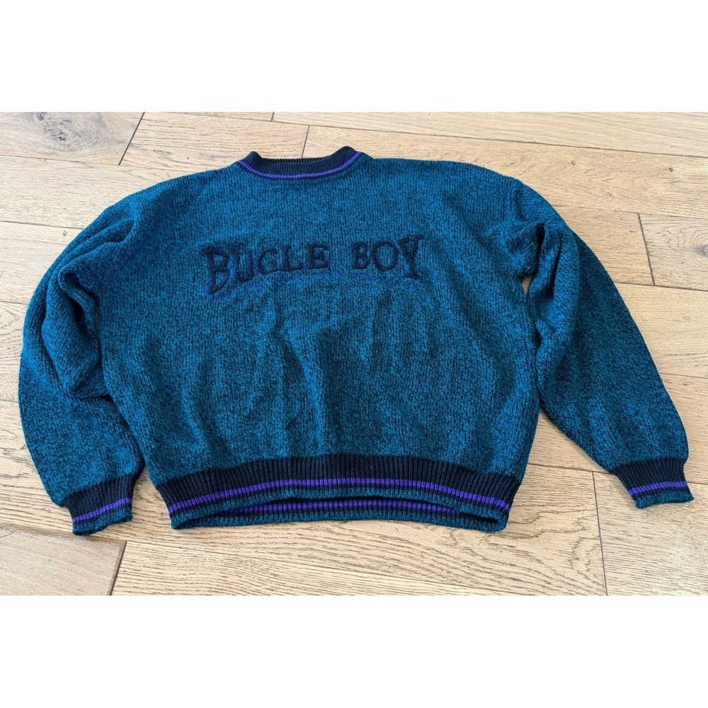 Vintage Bugle Boy Sweater Teal‎ Black Purple Striped Knit Pullover Mens